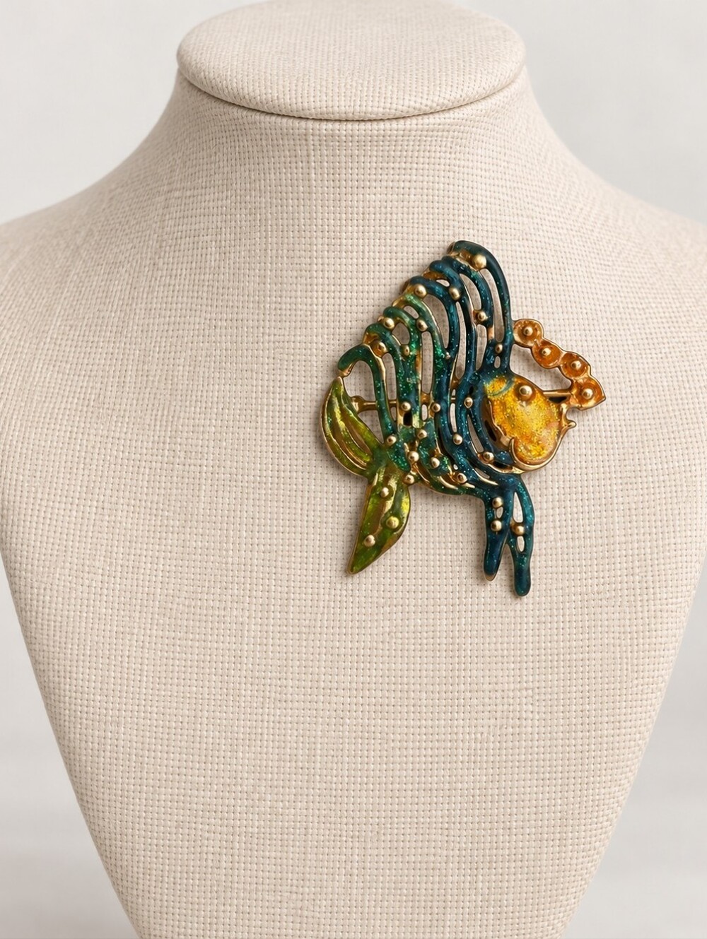 Vintage 1970s Enamel Fantail Goldfish Brooch Pin Teal Orange Gold Tone Openwork